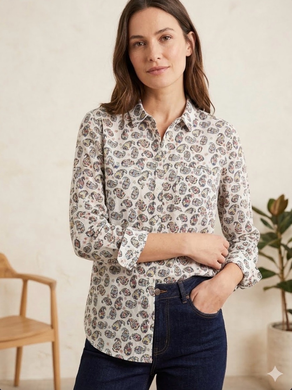 Charter Club Linen Shirt Womens M Paisley Button Up Roll Tab Long Sleeves